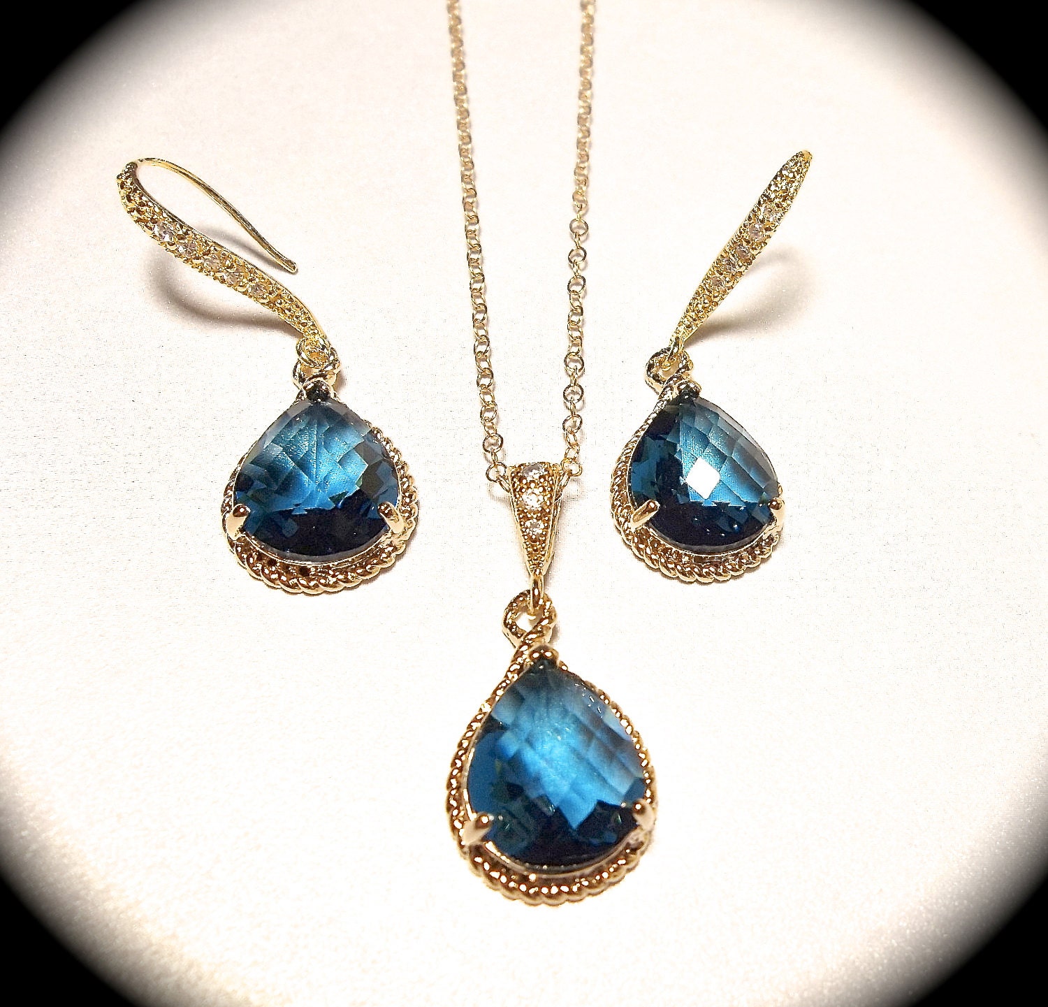 Blue Sapphire - Necklace and Earring set - Gold filled - Cubic Zirconia ear wires- September birthstone - Bridal jewelry - gift -