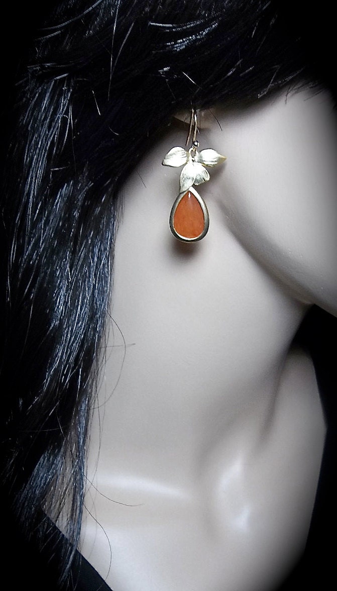 Gold filled Earrings with ORANGE dyed Jade stone and a gold wild orchid flower- Beautiful Jewelry -