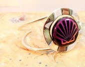 Purple Seashell Fused Glass on Silver Cuff Bracelet