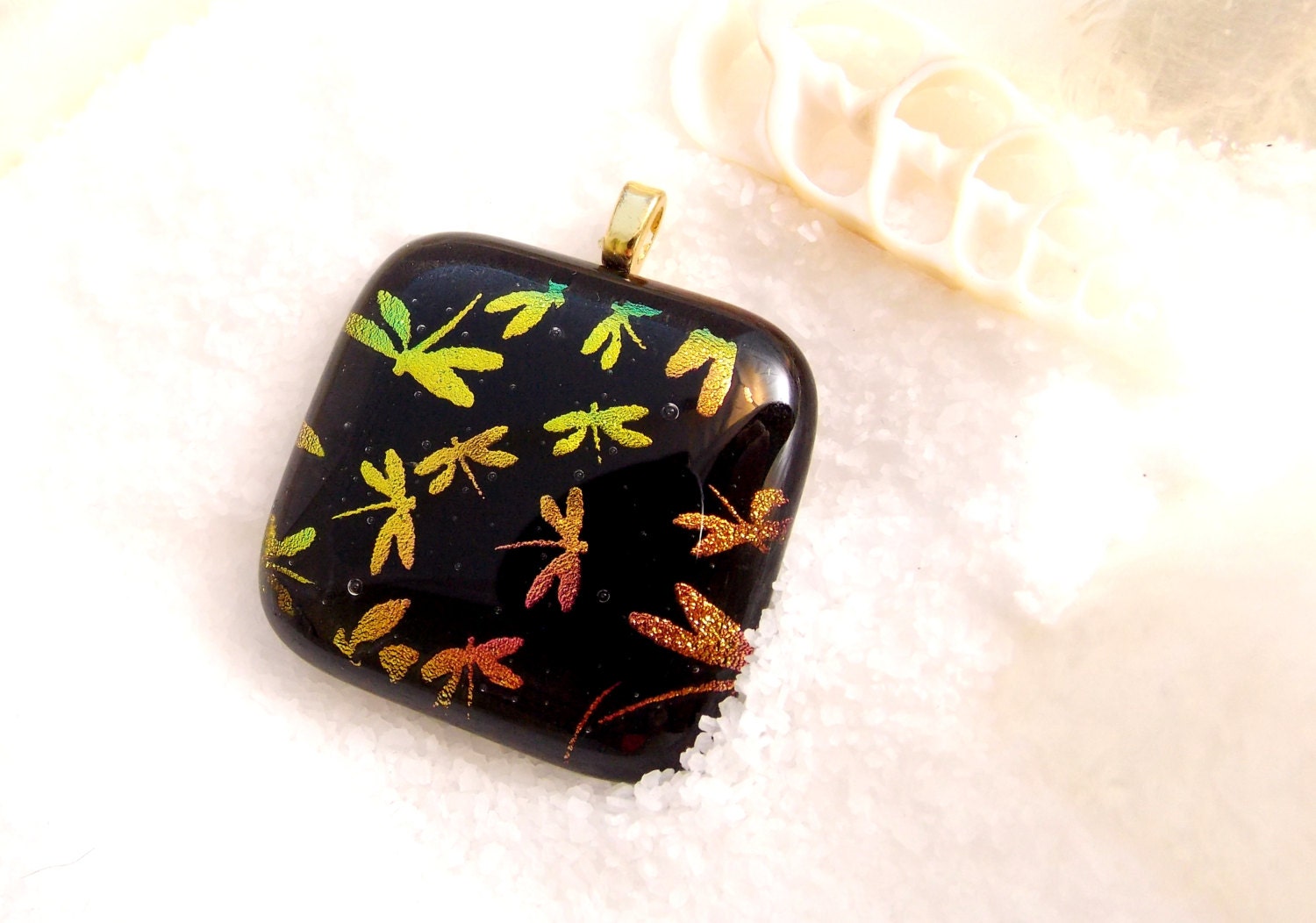 GOld Dragonflies on Black Fused Glass Pendant