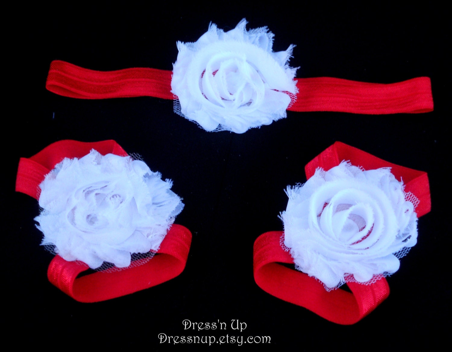 Baby Barefoot Sandals with Headband, Shabby Chic Headband and Sandal Set, Red and White Headband, Baby Shoes, Sandals, Baby Headband
