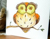 Mini original watercolor painting: cute owl 2 - 3.9" x 3.9" - FREE SHIPPING
