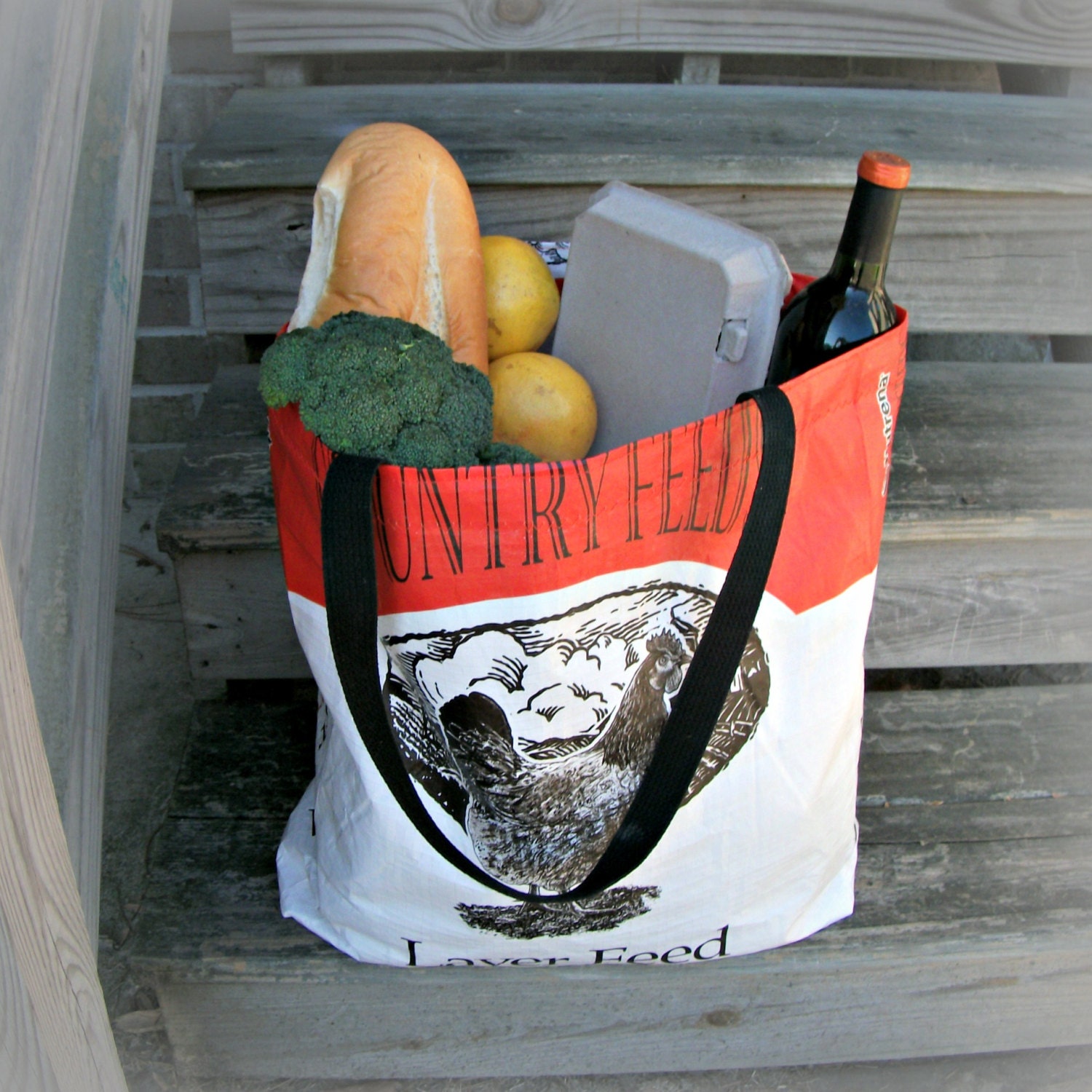 Orange Black Chicken Handmade Reusable Upcycled Eco-friendly Market Feed Tote Shopping Halloween Trick or Treat Bag