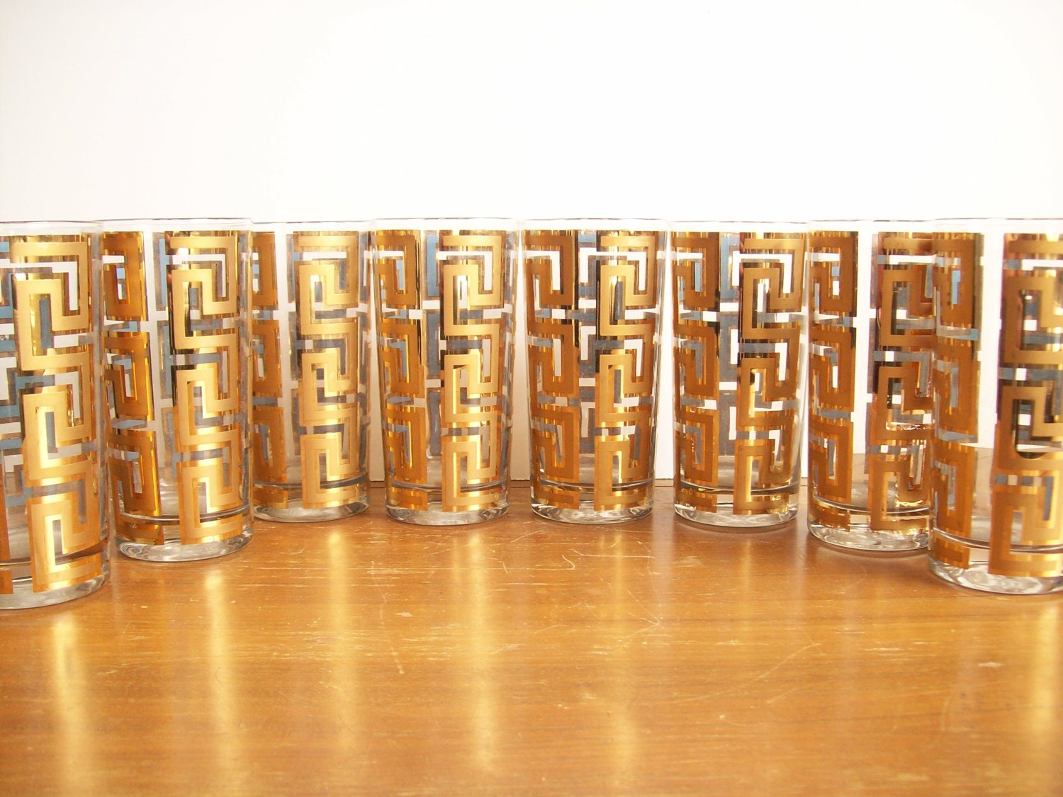 Gold Tumblers, Greek Key, Mid-Century Barware, Hollywood Regency Glasses