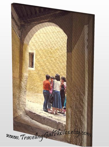 Canvas Gallery Wrap 16x20 travel photography children whispering Fes medina Morocco street photography yellow soft white ready to hang