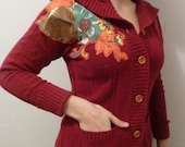 Red Collared Cardigan with Vibrant Flowers (ladies medium, ooak)
