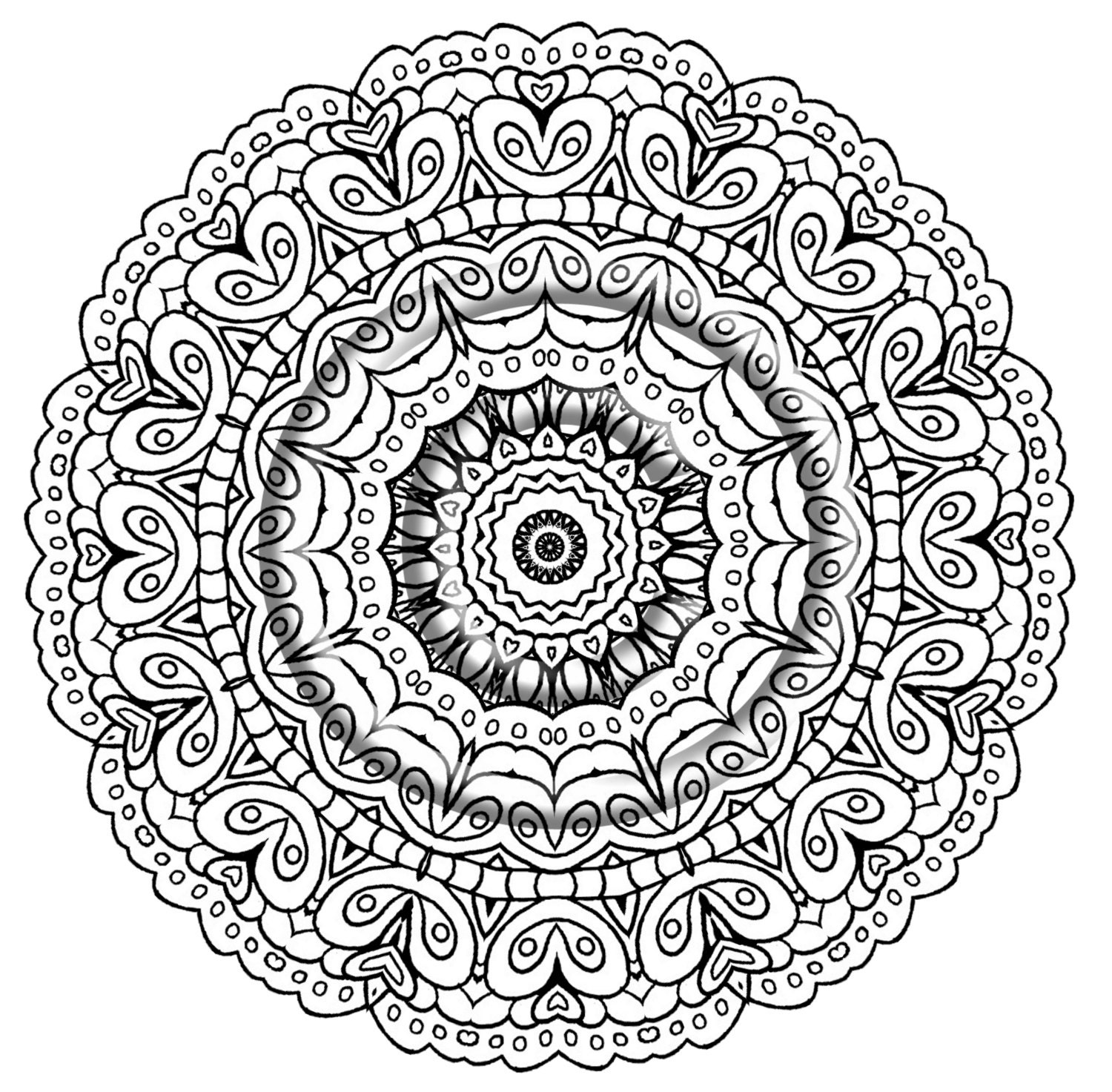 Instant Download Coloring Page Hand Drawn Zentangle Inspired Psychedelic "A Smile" Mandala Hippie Abstract Zendoodle Doodle By Kat