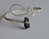 Wire Wrapped Bangle Bracelet, Sterling Silver, Blood Red Rough Cut Garnet Gemstone, January Birthstone Adjustable