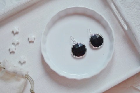 statement gemstone fashion LARGE bold earrings evening  black jade stone shiny silver statment earrings israel