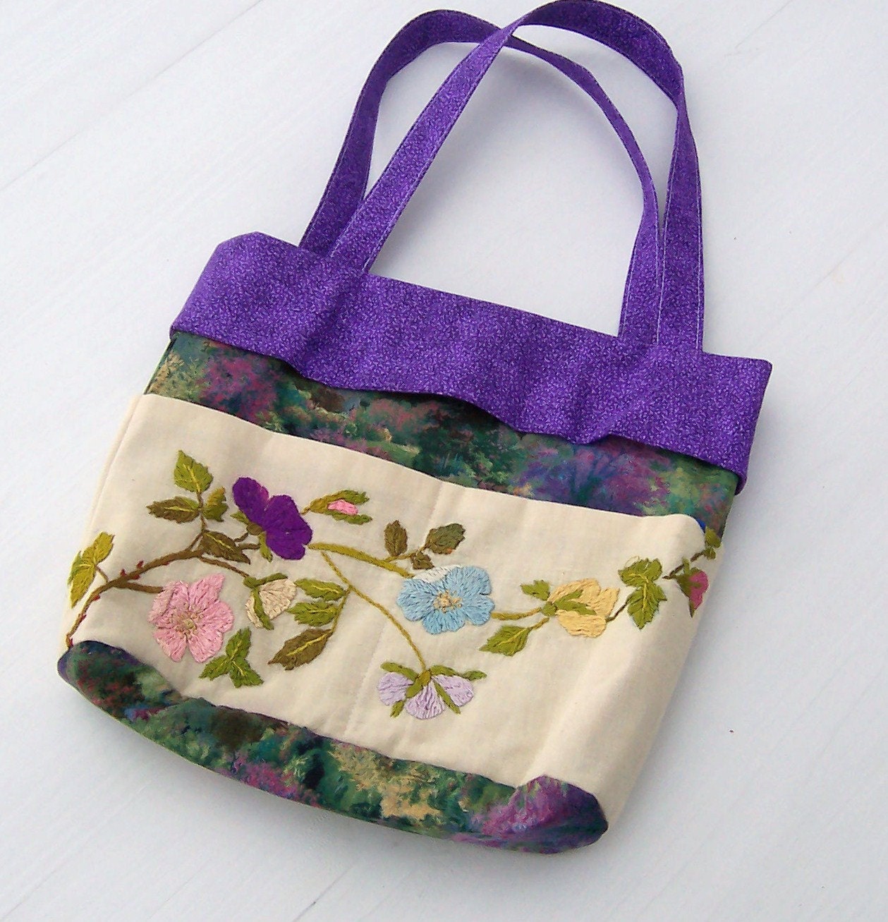 Tote Bag Purse Vintage Fabric Crewel Work Pockets Lined Green Purple