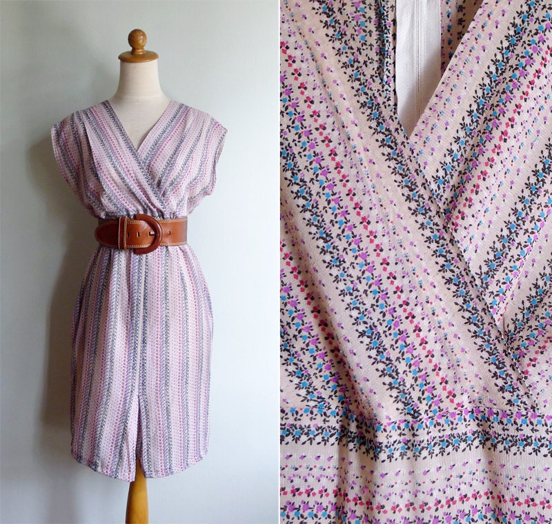 Vintage 70's Floral Stripes V-Neck Wrap Dress S or M