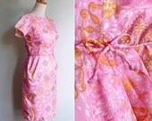 Vintage 60's Paisley Princess Print Pink Wiggle Shift Dress XS or S