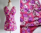 Vintage 50's Umbrella Pink Silk Bombshell Smocked Swimsuit L or XL
