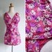 Vintage 50's Umbrella Pink Silk Bombshell Smocked Swimsuit L or XL