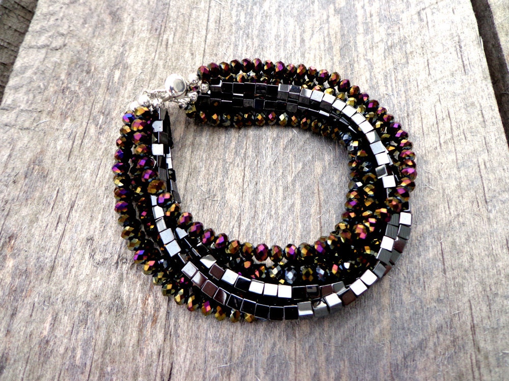 Multi Strand Hematite, Copper, Purple & Jet Bracelet, Statement Bracelet, Stacking Bracelet