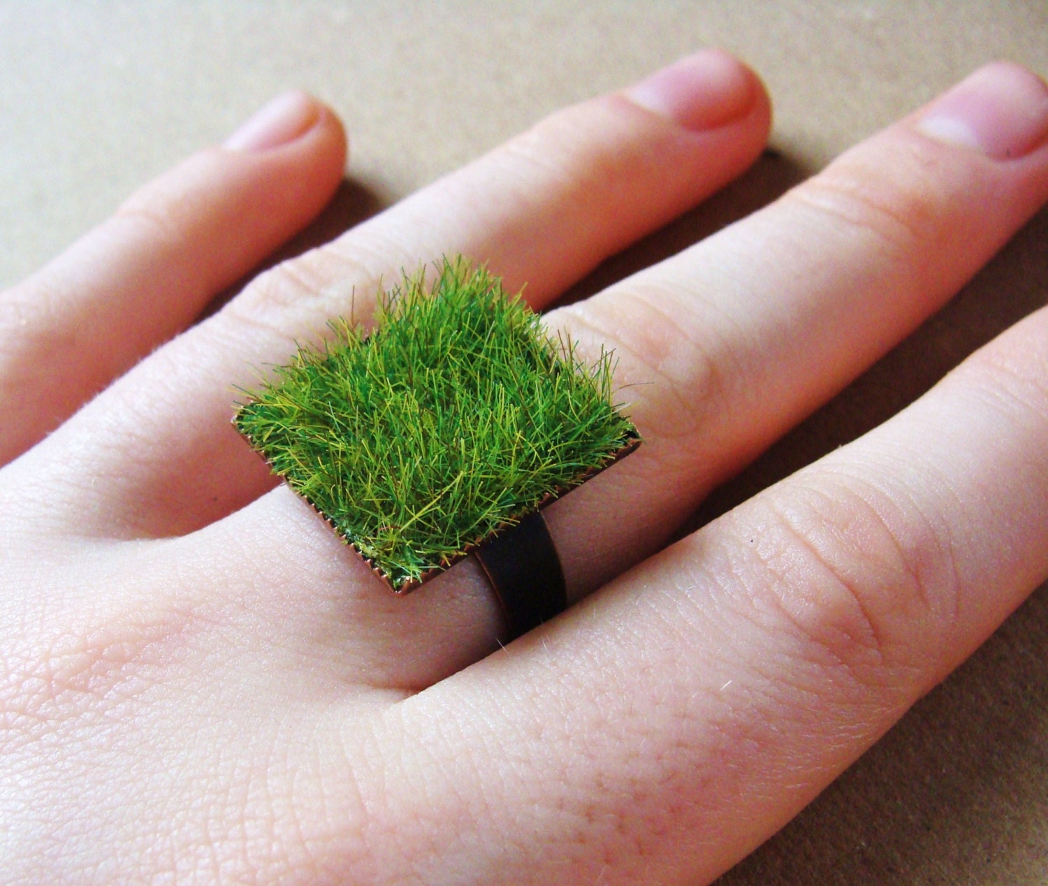 Green Grass Ring in Copper Adjustable Band Square