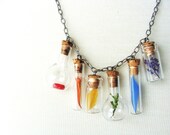 Rainbow Necklace. Nature Findings in Different Style Miniature Bottles on Tarnished Silver Chain. All Materials are Real