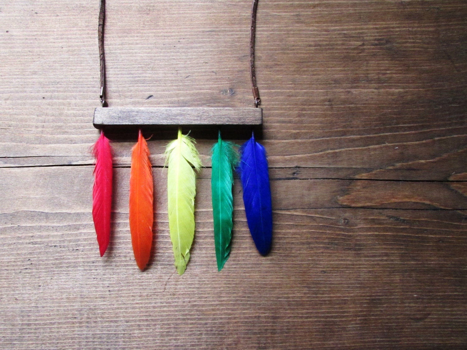 Rainbow Necklace, Feathers Wood Leather