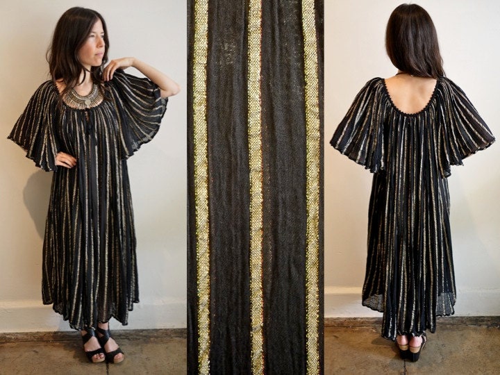 Vintage 80s Greek Black Cotton Dress with Metallic Stripes