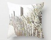 Throw Pillow Cover - Vintage Sand Fence and White Flowers at the Beach - FREE US SHIPPING