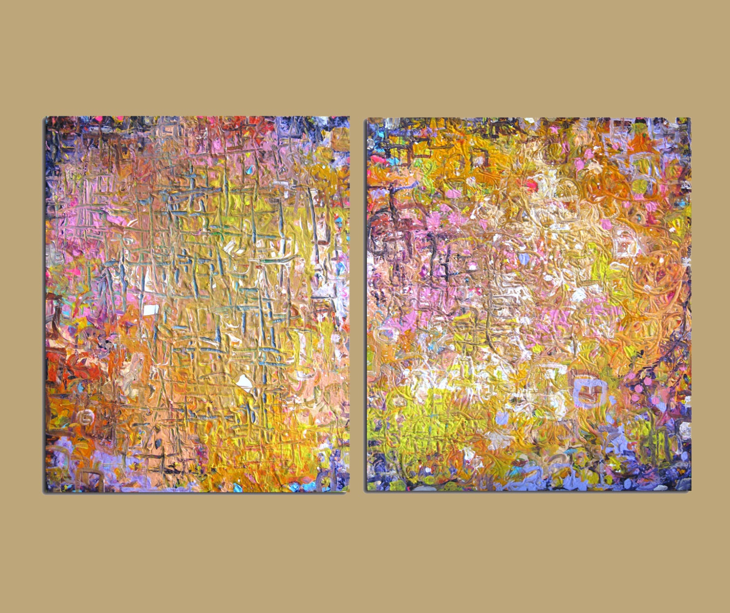 Earth's Treasures - Original Large Abstract Acrylic painting 32x20 Beige Brown Orange Yellow Pink LIlac 2 canvases