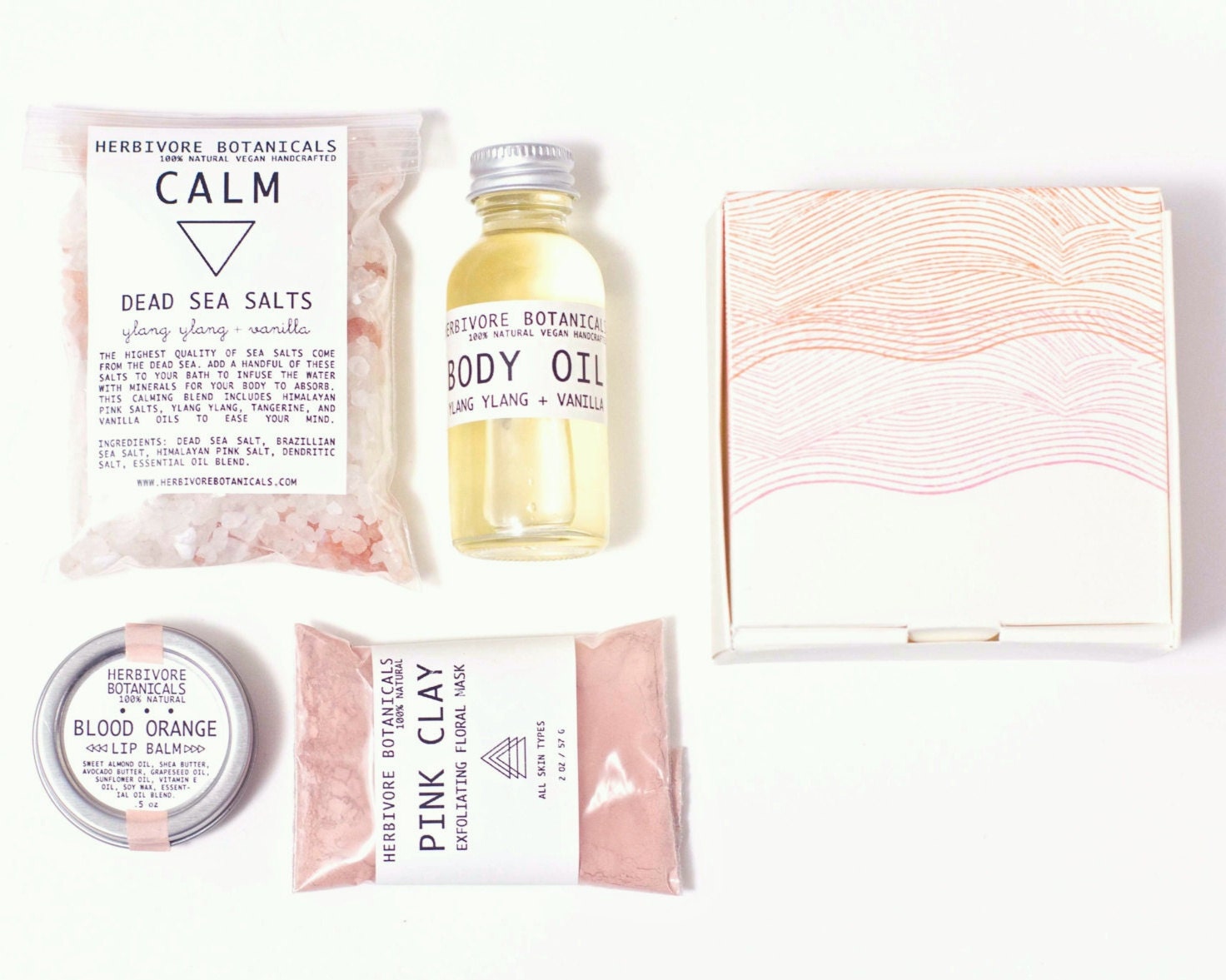 Spa Gift Set. 100% Natural. Hand Stamped Ombre Gift Box. Dead Sea Bath Salt. Lip Balm. Bath and Body Oil. Facial Mask