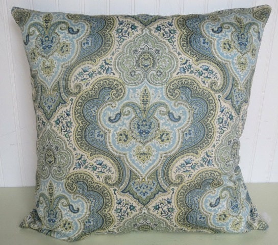 Blue Green Paisley Decorative Pillow Cover-- Paisley/Suzani--20 x 20 Throw Pillow--Apple Green, Pale Green, Blue, Yellow, Cream