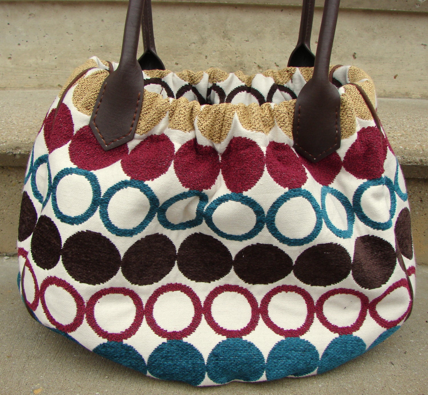 CUSTOM Medium Large Bag Upholstery Fabric Outside Pockets Zippered Pocket Brown Teal Orange Maroon Plum Leather Handles