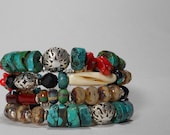 Bohemian gypsy cuff bracelet, Chunky Tribal Bracelet, Turquoise Cowgirl Bling, Organic cuff, Beaded Cuff, memory bracelet, Red Coral (WB285)
