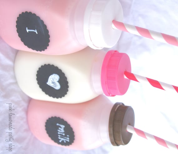 10SCHoolHouse MilK BottLeS---made to order-7-10days to ship-set of 10 with chalkboard labels and hole punched lids--choice of lid color- Il_570xn