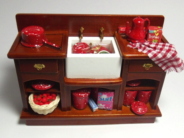 Dolls House 1:12 OOAK Miniature - Busy Country Kitchen Wooden Sink with Red Accessories