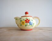 Vintage Ceramic Teapot // 1950 Czechoslovakia // Floral // Summer Flowers // Bright Orange Yellow Green // Sweet Country Home Decor / Folk