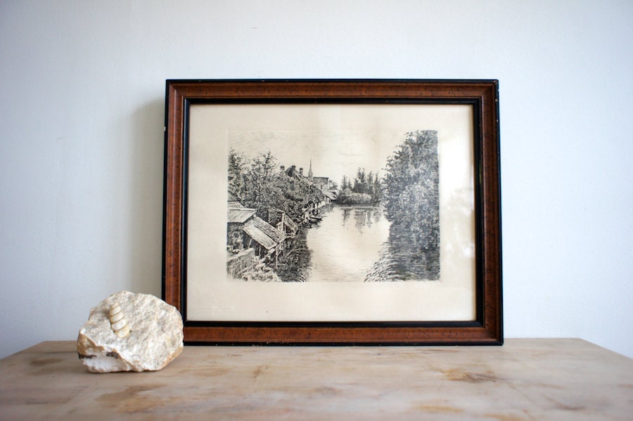 Vintage French Etching //Copper Plate// Original 1950 Art Work // Architectural Etching // Black White // Office Decor // for him man father