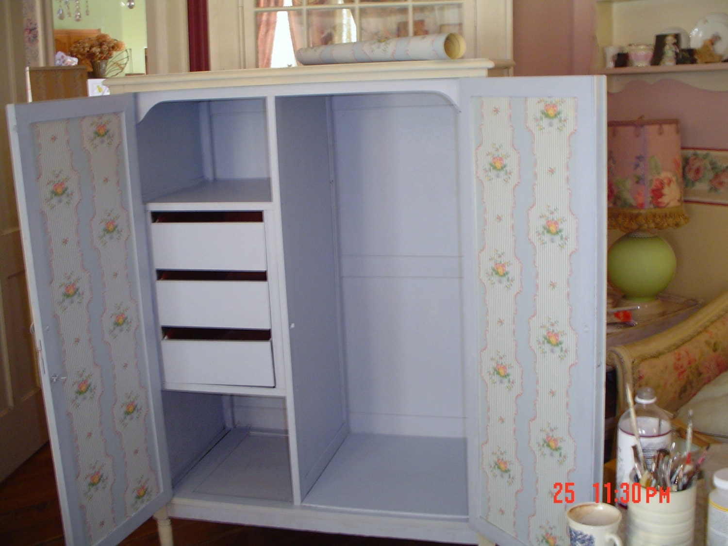 Vintage Wardrobe Furniture Painted Cottage Chic Armoire Rose Wallpaper Accents Rose Appliques