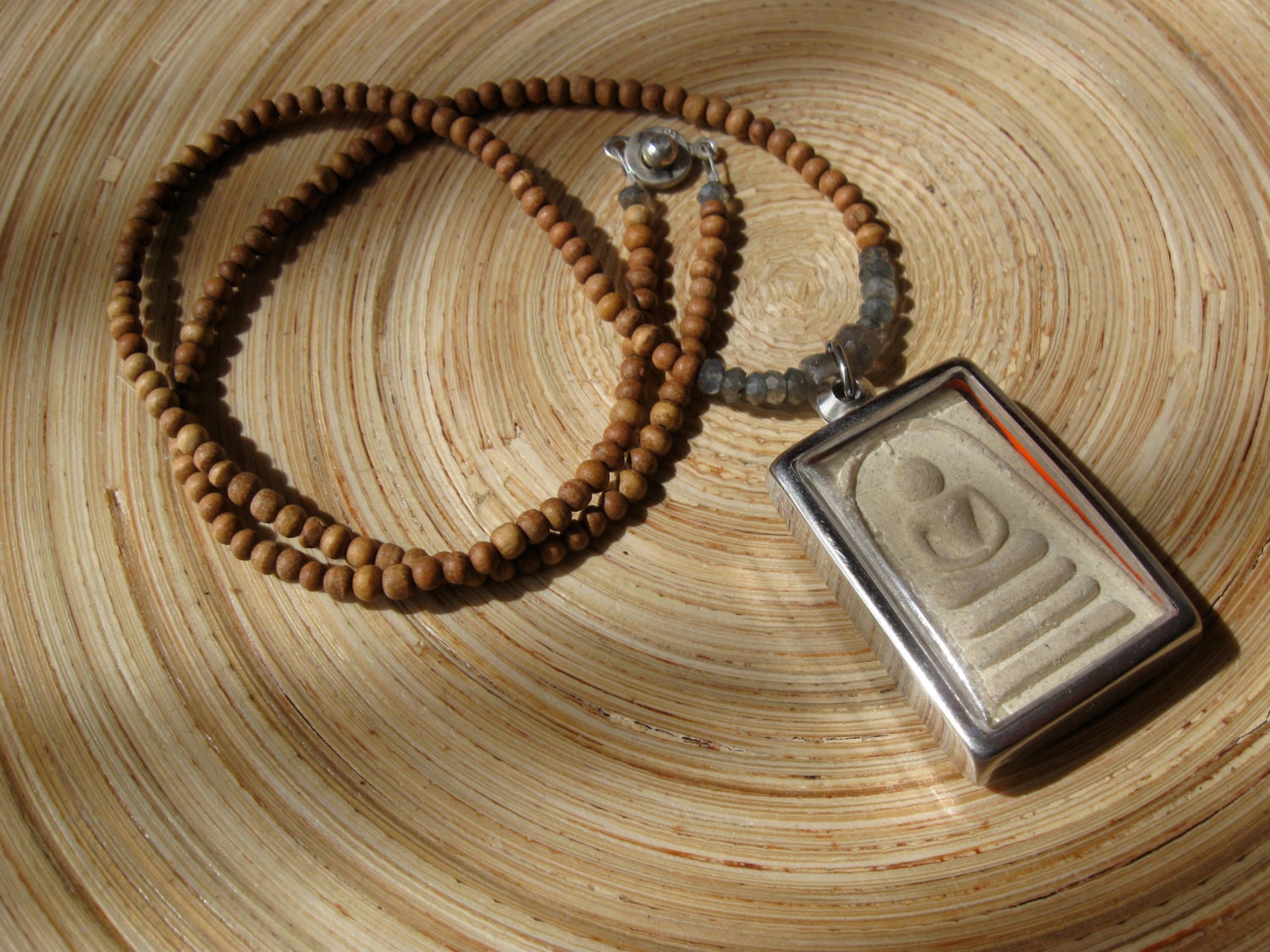 Buddha in lotus temple amulet mala necklace with aromatic sandalwood beads and labradorite 21"