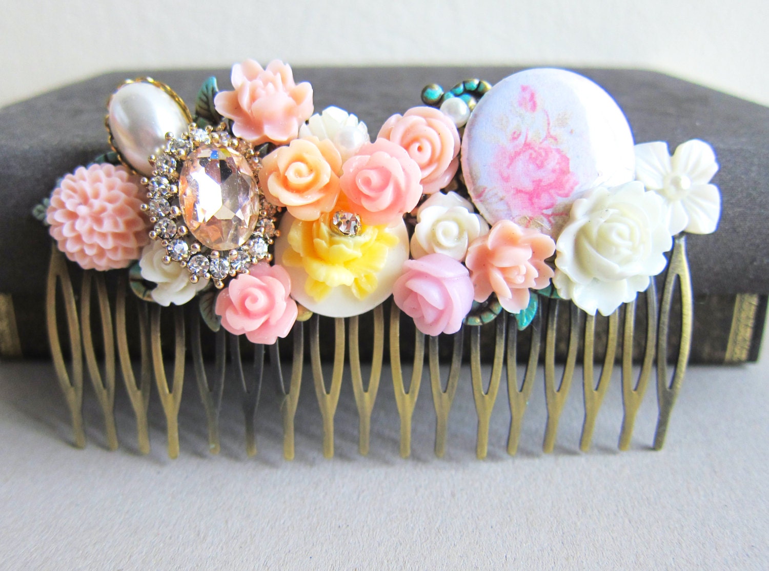 Hair Comb Wedding Hair Comb Bridesmaids Haircomb Bride Bridal Shabby Chic Pink Cream Yellow White Ivory Shabby Chic Spring Garden Tea Party