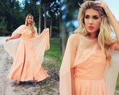 1970s-60s Peach Coral Bustier Chiffon Long Gown