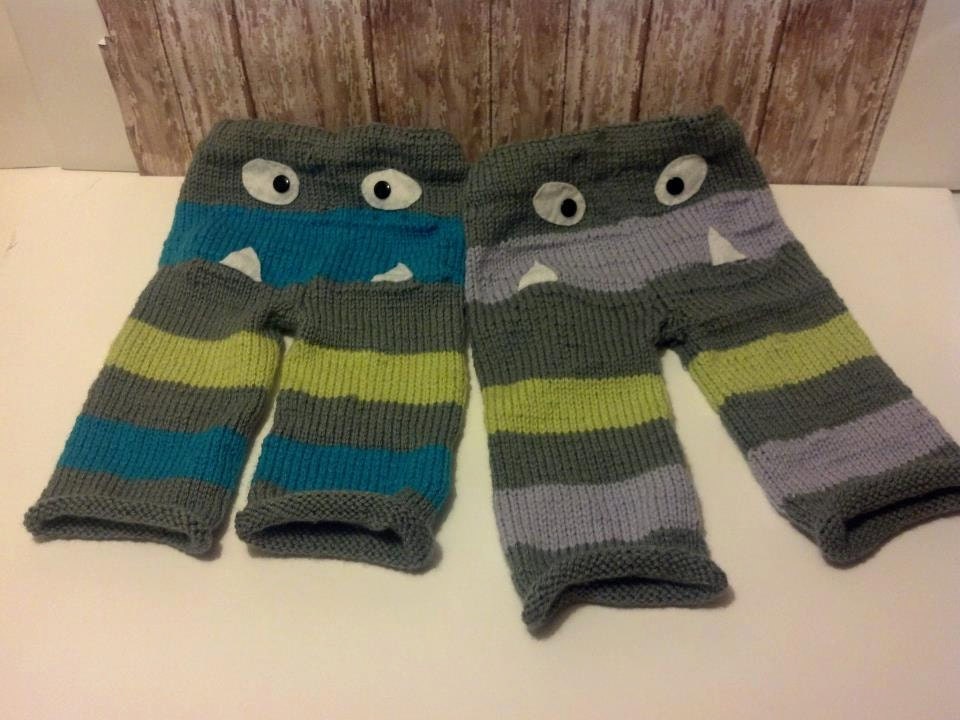Twin Monster Booty Knit Pant Set - 6 - 12 Months Size - Baby Girl and Boy Pants - Gray, Lavendar Purple, Blue, and Lime Green