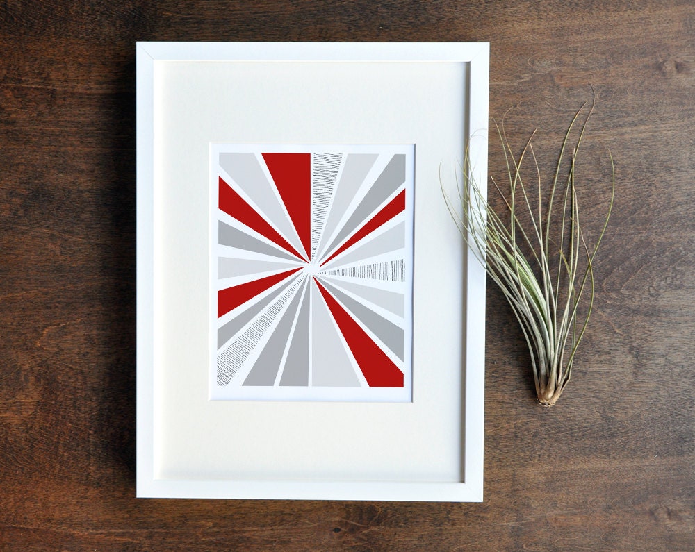 Red and Grey Geometric Sunburst Art Print - 8x10
