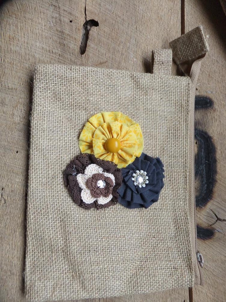 MEDIUM size Burlap Pouch with Flower embellishments