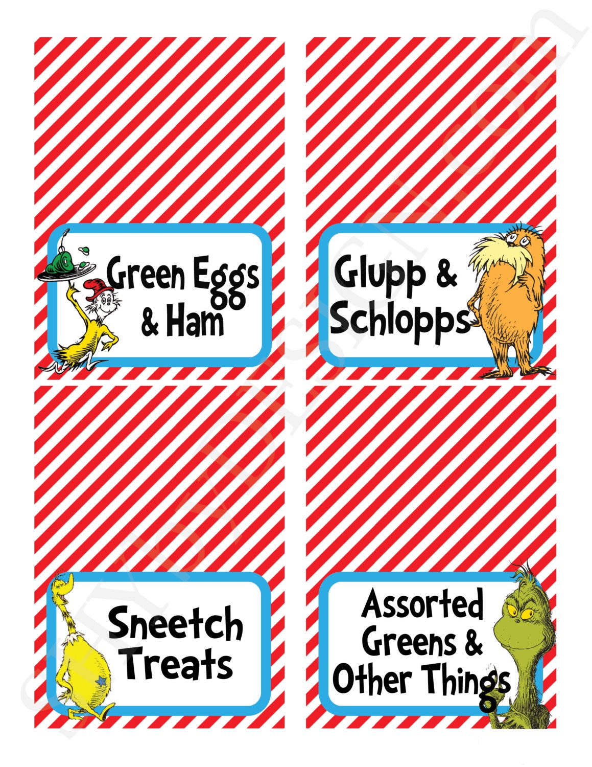 Customized Set of 12 PRINTABLE Dr. Seuss Food & Drink DIY Tent Label Cards