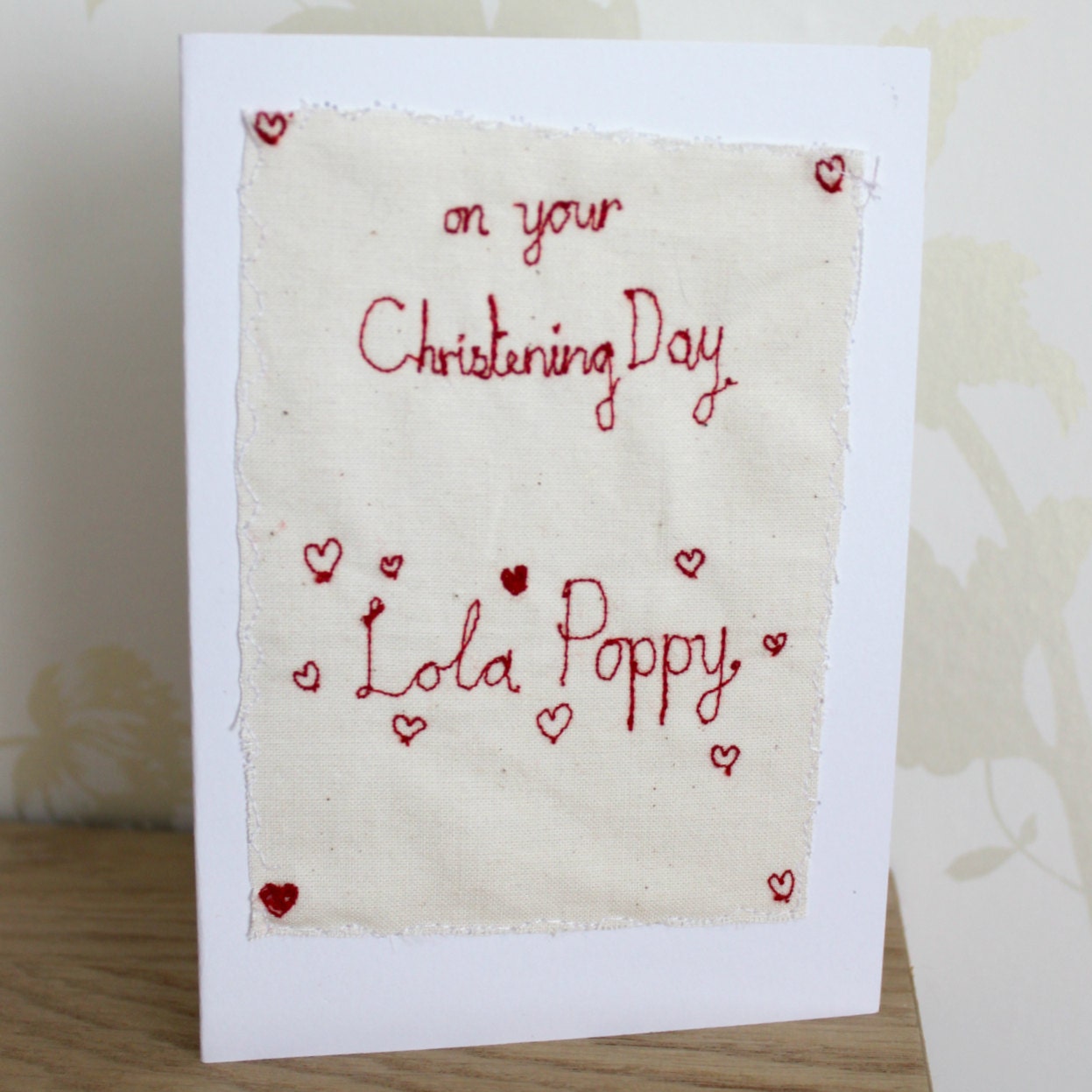 Personalised textile christening card - hand sewn