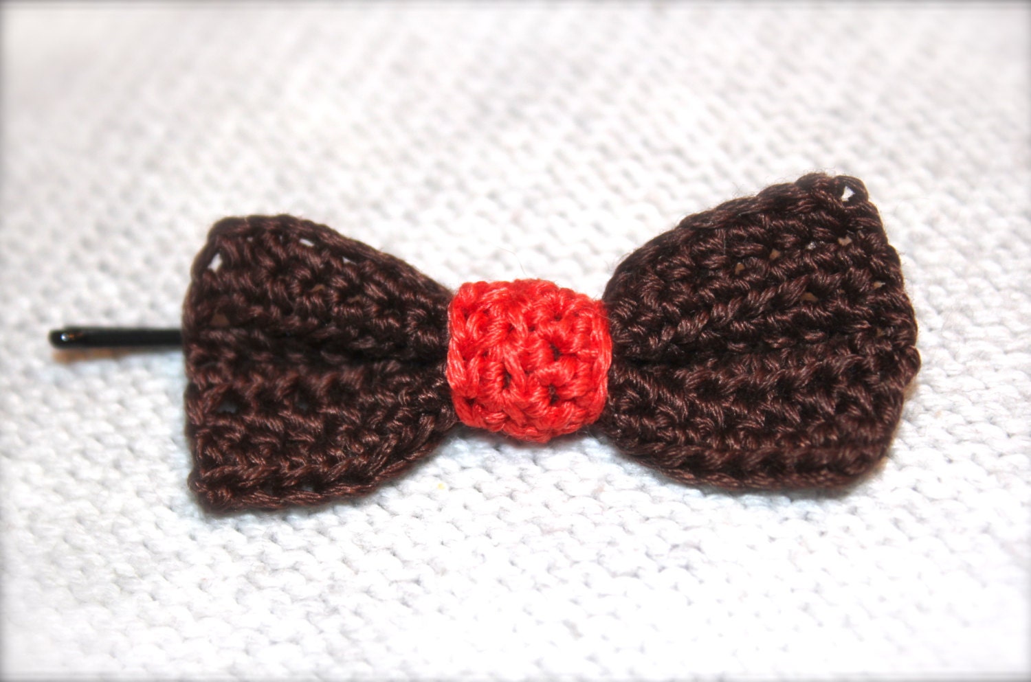 Crochet Hair Bow, Brown and Red