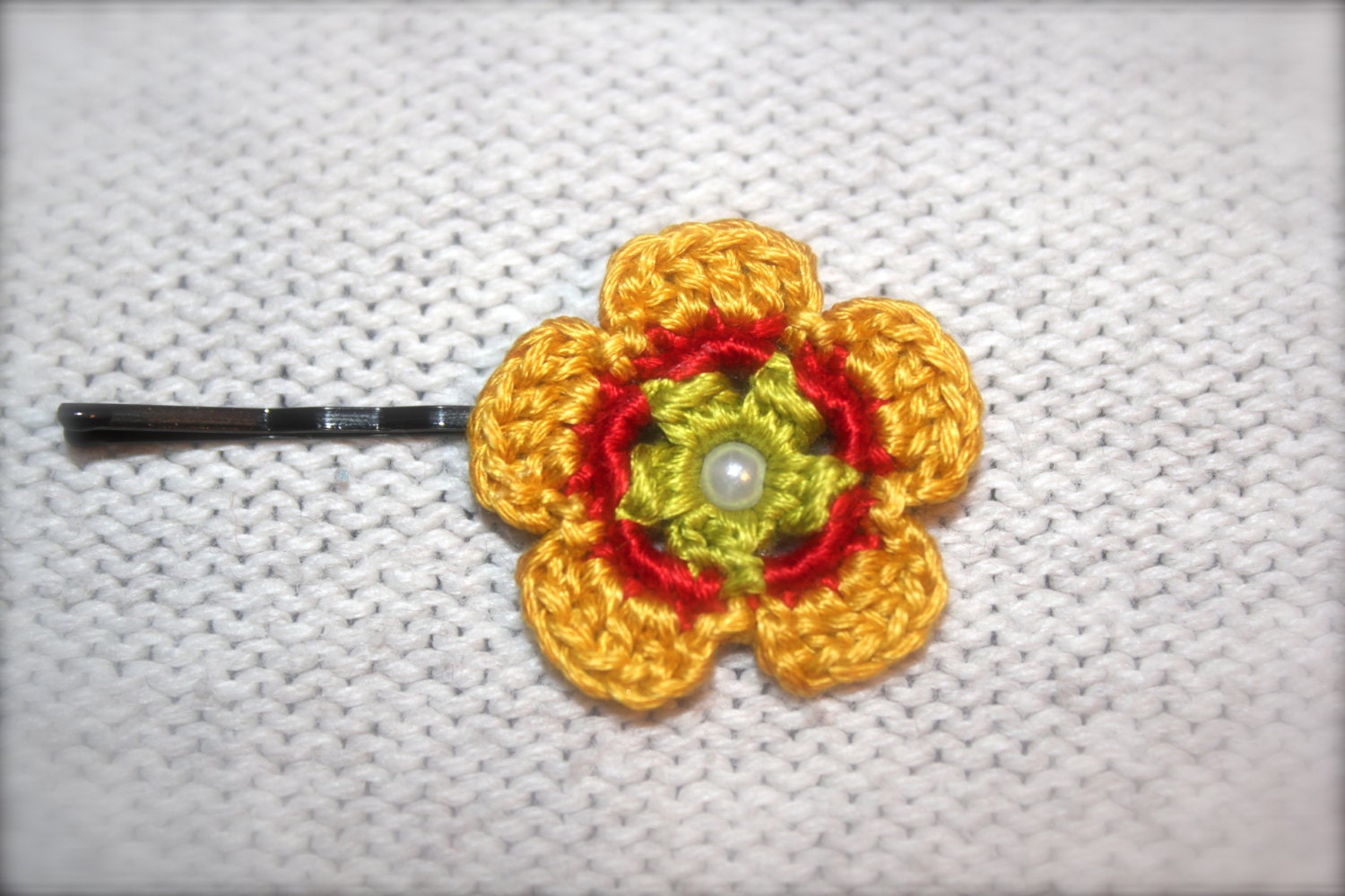 Crochet Flower Hair Pin, Yellow, Red and Green