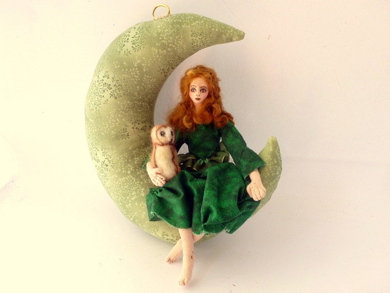 Irish Moon art doll cloth moon needlefelt owl fairy wall hanging