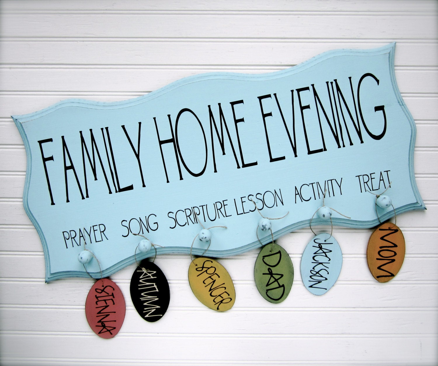 Family Home Evening Board.  FHE.  Scalloped Edge with Oval Tags.  Organize your family home evening.
