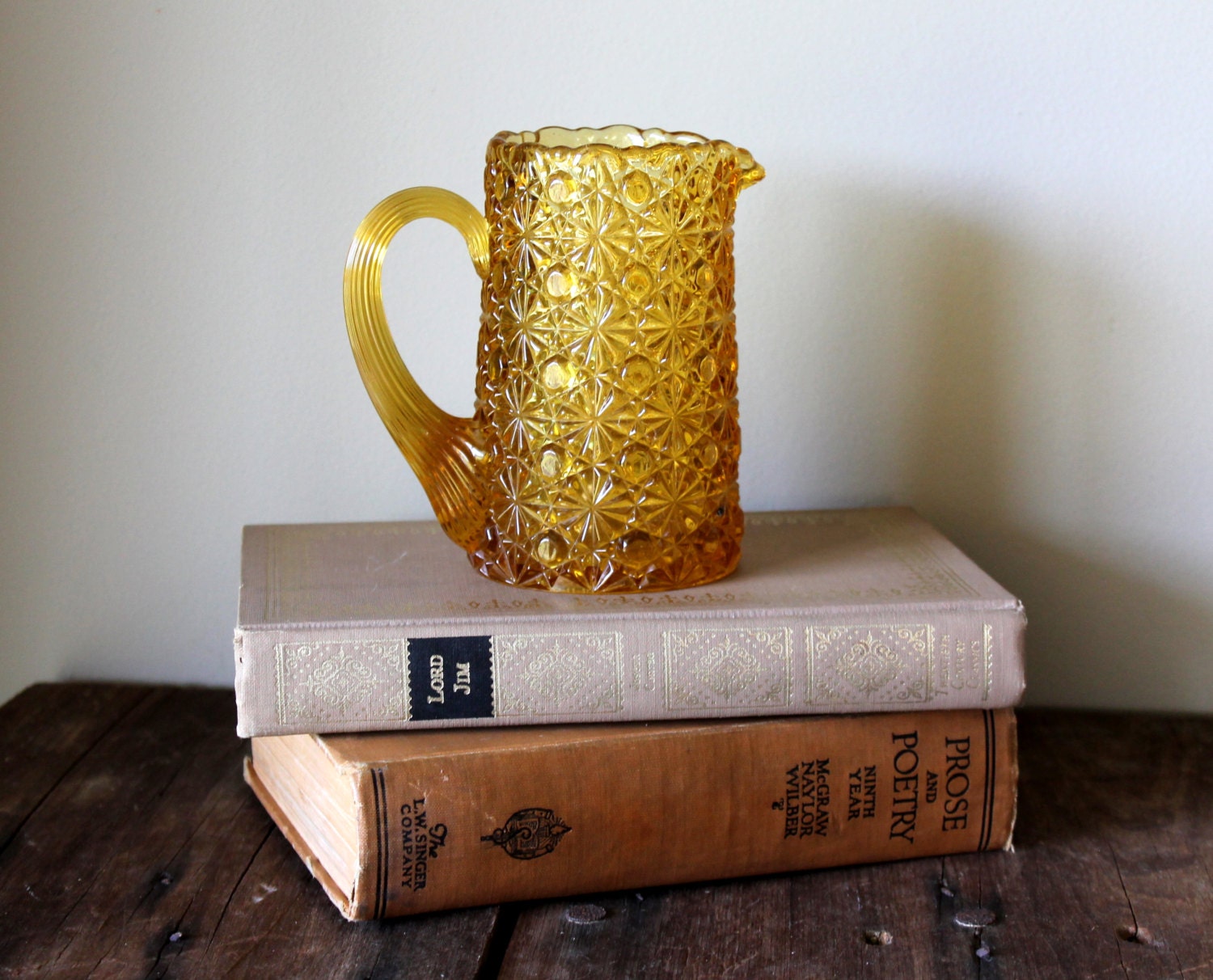 Yellow Glass Pitcher Small Vintage Pressed Amber Glassware Retro Shabby Cottage Chic French Country Decor