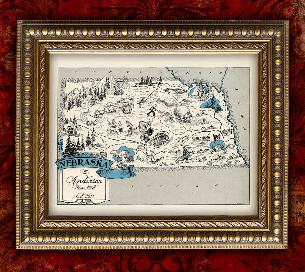 Custom NEBRASKA Map Print VIntage Map Retro Personalized Map Wedding Housewarming Gift Home Decor Wall Decor 8x10 All 50 States Avail.