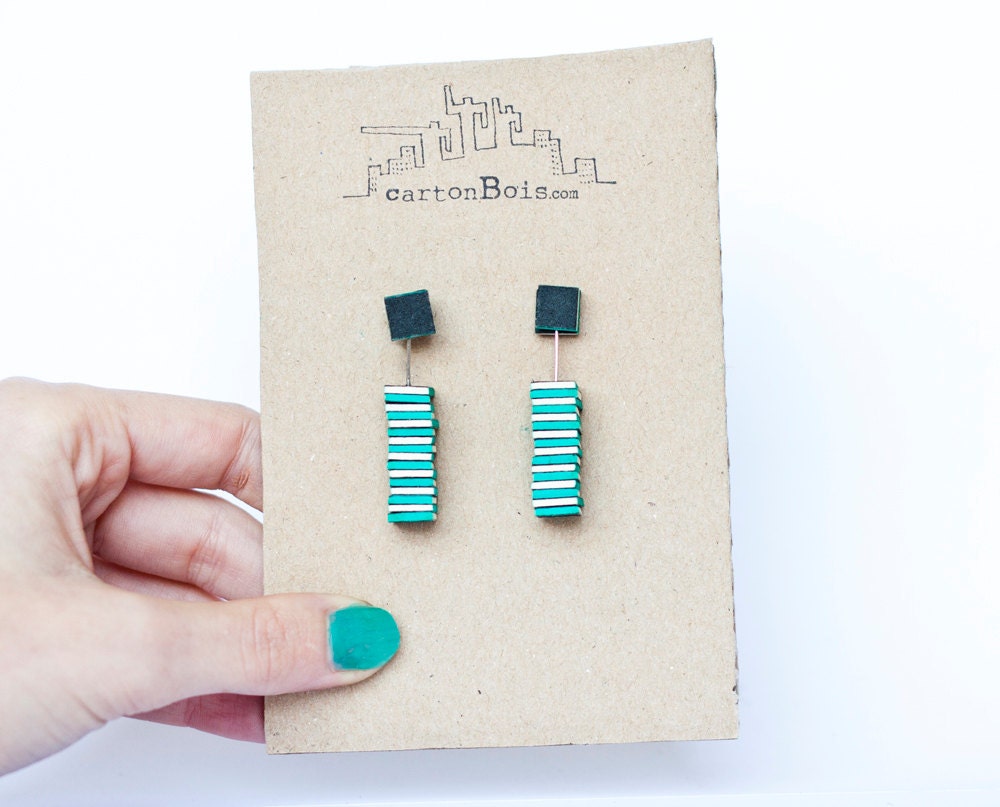 Dangle stripes earrings - emerald green stripes earrings