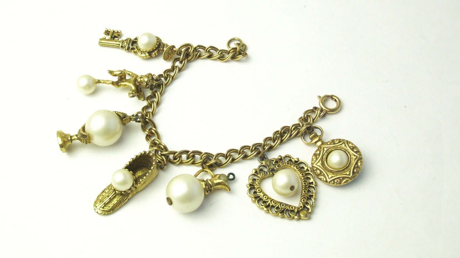 Vintage Germany CIRCO Costume Jewelry Gold Tone 6" Faux Pearl Charm Bracelet on Etsy